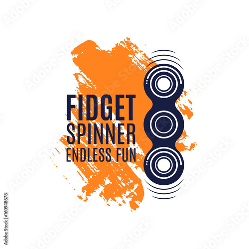Hand spinner vector label on orange brush stroke. Fidget spinner emblem. Isolated
