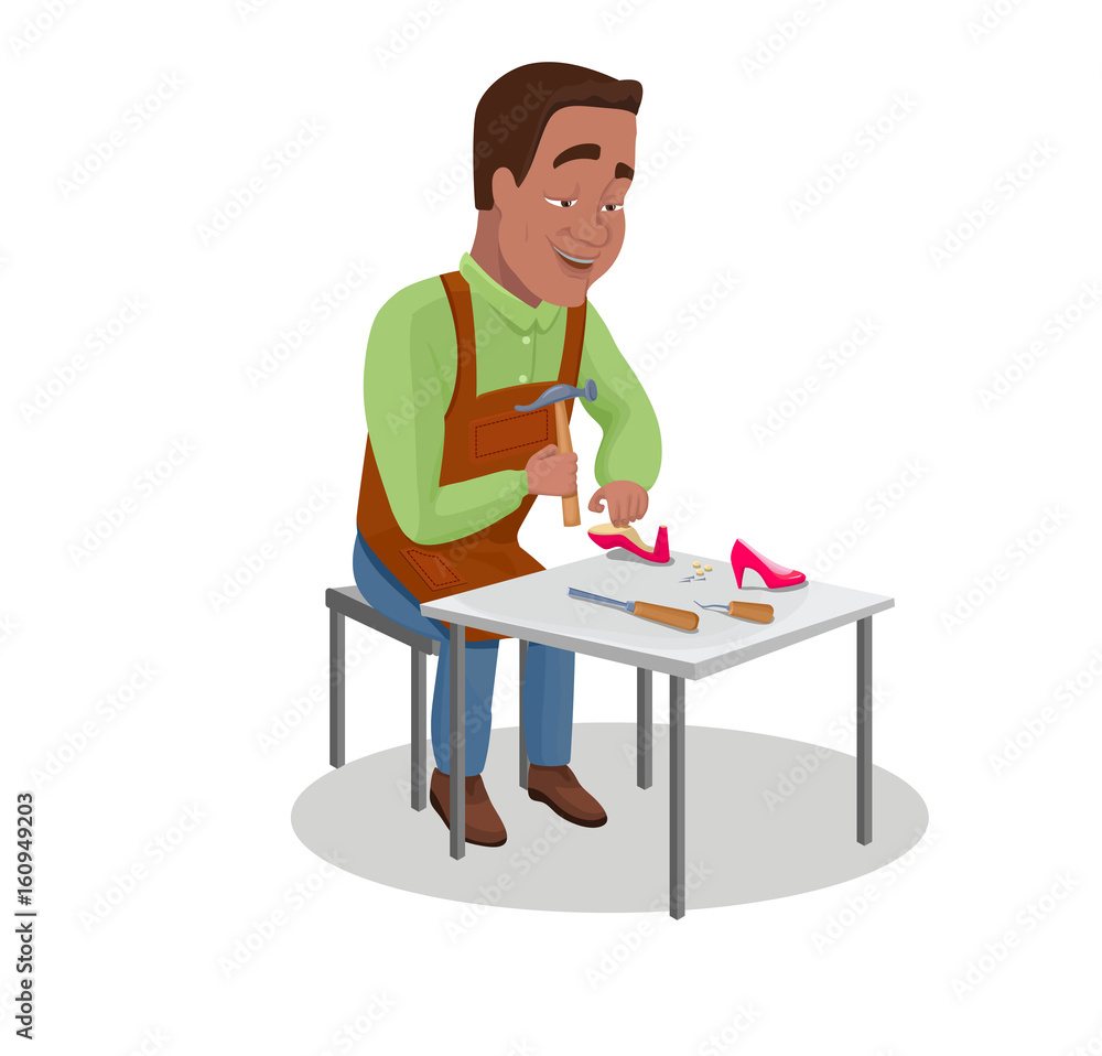 Shoemaker cartoon character indian black haired worker repairing shoes with  hammer vector illustration Stock Vector | Adobe Stock