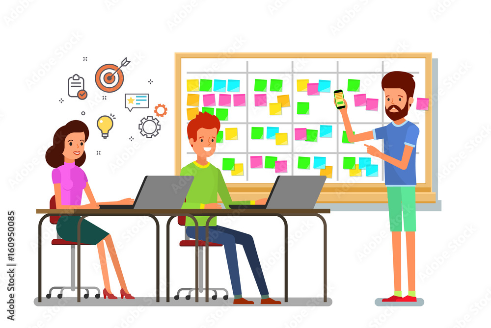 Scrum task board whith sticky note cards. Scrum task board whith sticky note cards.