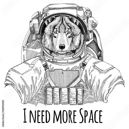 Wolf Dog wearing space suit Wild animal astronaut Spaceman Galaxy exploration Hand drawn illustration for t-shirt © helen_f