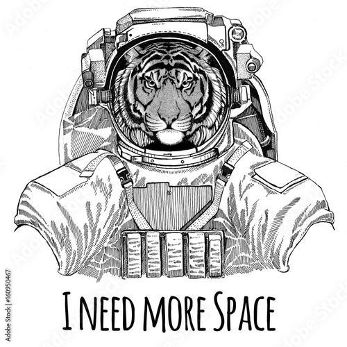 Wild tiger wearing space suit Wild animal astronaut Spaceman Galaxy exploration Hand drawn illustration for t-shirt © helen_f