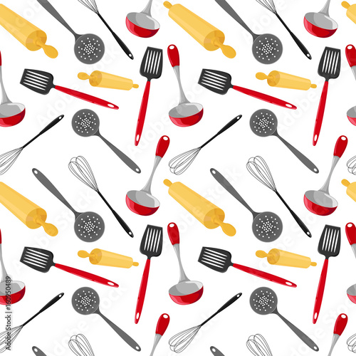 Seamless pattern with utensils in a cartoon style. Bright kitchen cookware.