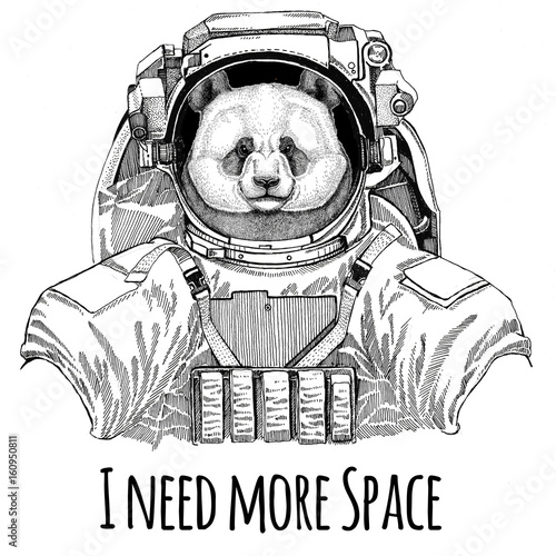 Panda bear, bamboo bear wearing space suit Wild animal astronaut Spaceman Galaxy exploration Hand drawn illustration for t-shirt © helen_f