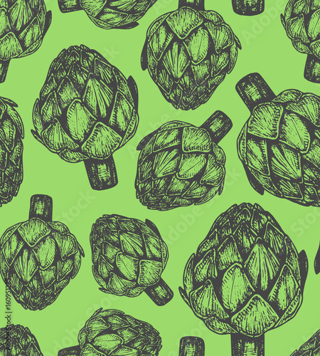 Hand drawn vector illustration of artichoke sketch style appetizing colors. Seamless pattern with vegetables.