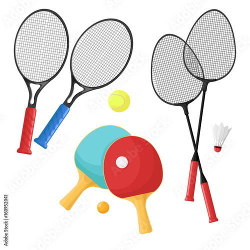 Sport items for: tennis, badminton and ping-pong.  Rackets and balls, shuttlecock  isolated on a white background. Vector illustration.