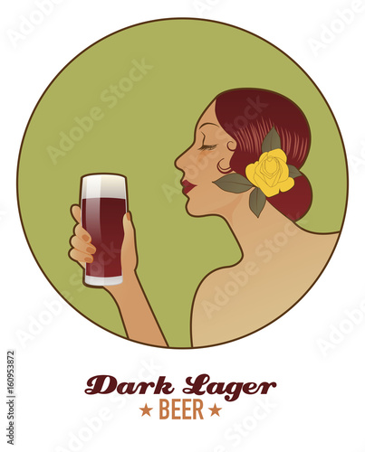 Woman holding a glass of beer. Dark Lager. Vintage style.