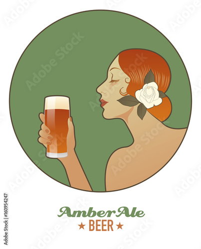 Woman holding a glass of beer. Amber Ale. Vintage style.