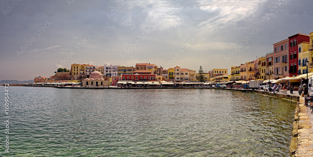 Panoramic vIew of Chania village and harbor in the Greek island of Crete