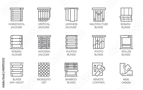 15 line icons of various designs of curtains, blinds, jalousie, mosquito nets and remote control. Big vector set of contour labels isolated on a white background