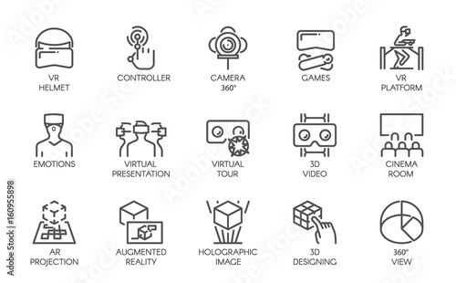 Big set of line icons of augmented reality digital AR technology future. 15 vector labels isolated on a white background. Symbols of virtual modeling, simulation, 3d video, presentation and other