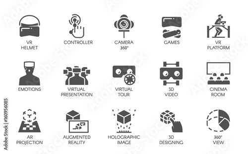 Big set of 15 icons in flat style of augmented reality digital AR technology. Futuristic technology concept. Vector labels isolated on a white background. Black VR symbols