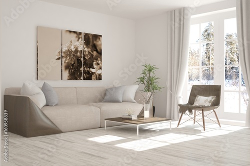 White room with sofa and winter landscape in window. Scandinavian interior design. 3D illustration