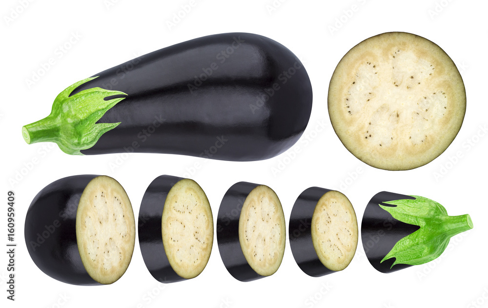 Aubergine elements isolated on white background. Whole and sliced eggplant, with clipping path - obrazy, fototapety, plakaty 
