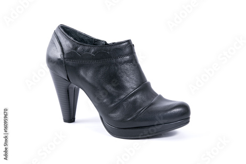 Female Black Boot on White Background, Isolated Product, Top View, Studio. 