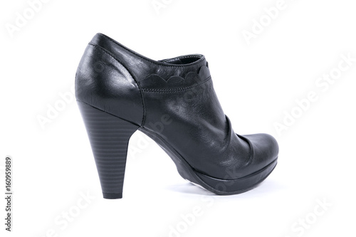Female Black Boot on White Background, Isolated Product, Top View, Studio. 
