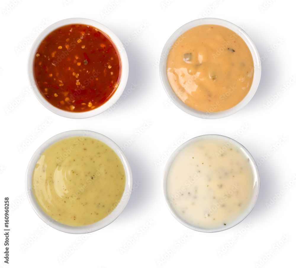 Assorted Spicy Sauces on Saucers, Assorted Spicy Sauces on Saucers,