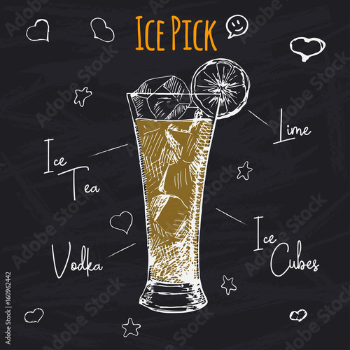 Simple recipe for an alcohol cocktail Ice Pick. Drawing chalk on a blackboard. Vector illustration of a sketch style.