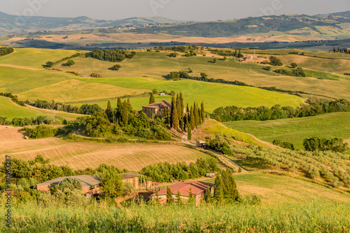 Idyllic panorama of the valley of the orcia in tuscan province of siena in summer with cultivated fields