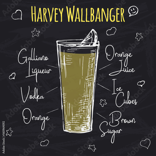 Simple recipe for an alcoholic cocktail Harvey Wallbanger. Drawing chalk on a blackboard. Vector illustration of a sketch style.