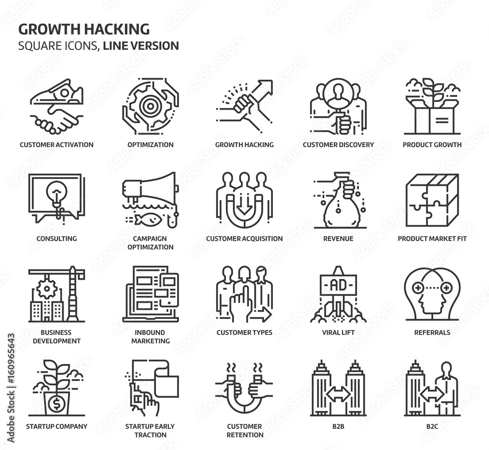 Growth hacking square icons set.
