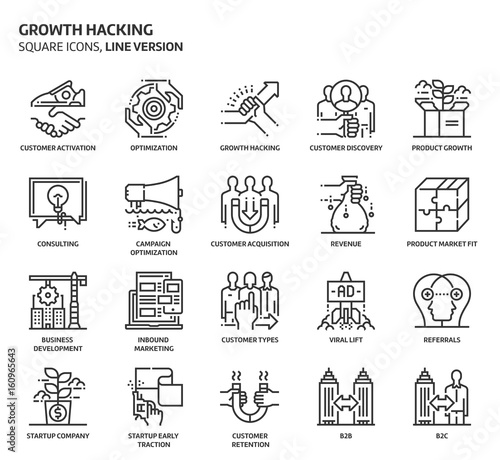 Growth hacking square icons set.