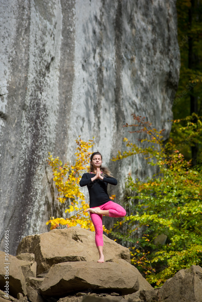 Sporty slim woman is practicing yoga and doing asana Vrikshasana on the boulder in the nature. Huge rocks on the background Sporty slim woman is practicing yoga and doing asana Vrikshasana on the boulder in the nature. Huge rocks on the background