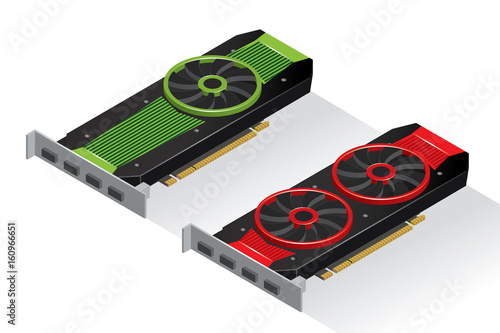 Isometric flat vector two Video Graphics Cards. For cryptocurrency mining. Vector illustration