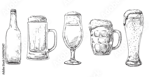Bottle of beer, different glasses and mugs of beer. Vector illustration of a sketch style.