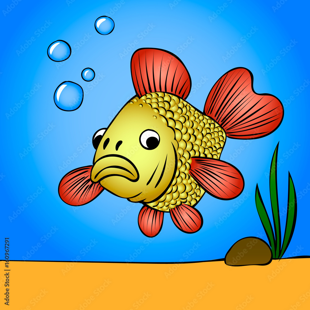 Cartoon of cute golden fish. underwater world with water plants and bubbles Stock Vector | Adobe Stock Cartoon of cute golden fish. underwater world with water plants and bubbles Stock Vector | Adobe Stock
