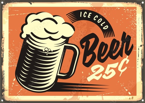 Retro style image with ice cold beer mug on old metal background. Vintage pub or cafe bar decoration.