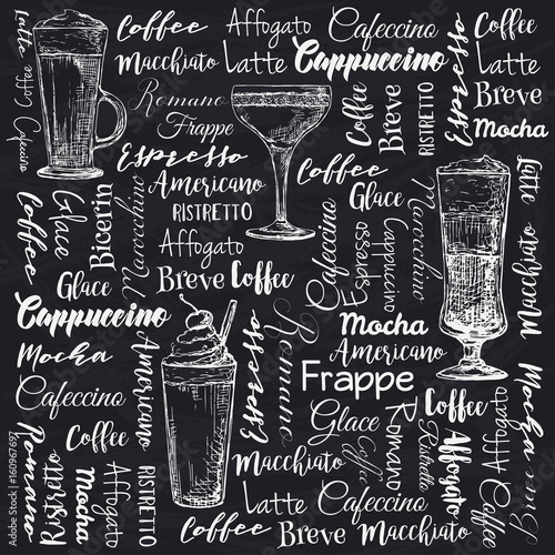 The names of different types of coffee. Different coffee cocktails. Vector illustration of a sketch style.