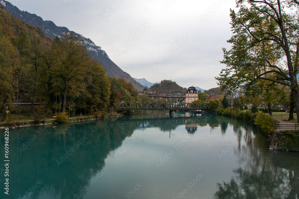 Aquamarine lake in alpine town