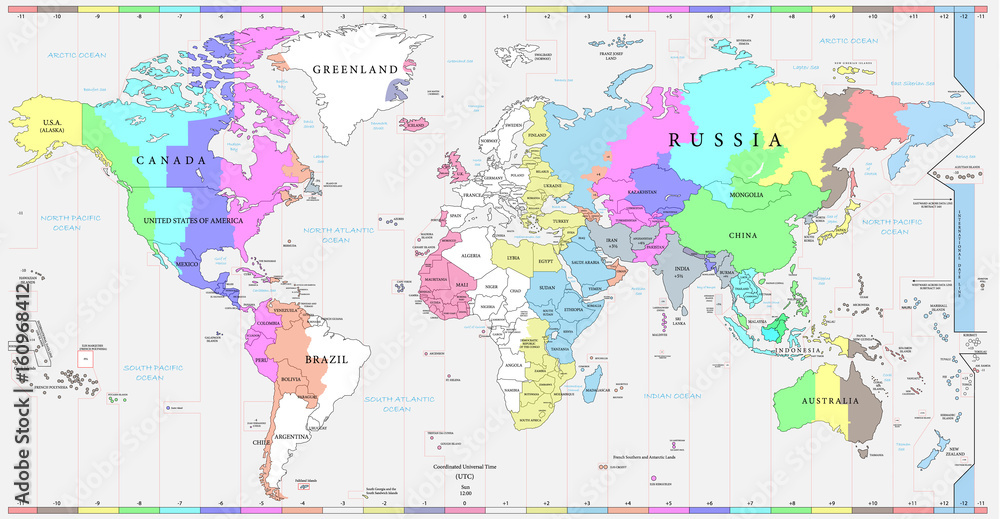World time zones map, and political map of the world. Every country and time zone is possible to select and edit individually, versatile file.