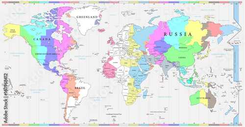 Fototapeta Naklejka Na Ścianę i Meble -  World time zones map, and political map of the world. Every country and time zone is possible to select and edit individually, versatile file.