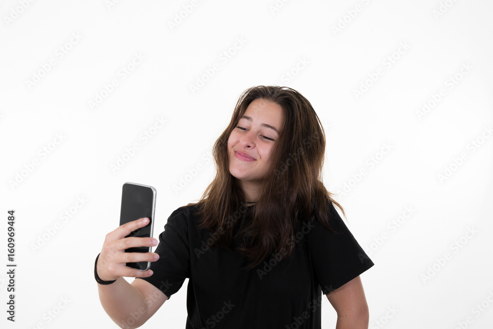 cheerful cute girl selfie with smartphone cheerful cute girl selfie with smartphone