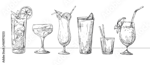 Set of different glasses, different cocktails. Vector illustration of a sketch style.