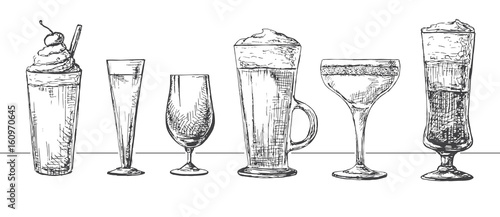 Set of different glasses, different cocktails. Vector illustration of a sketch style.