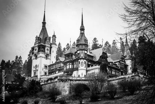 Pelesh Palas in Romania, Sinaia, covered with snow, black and white photo