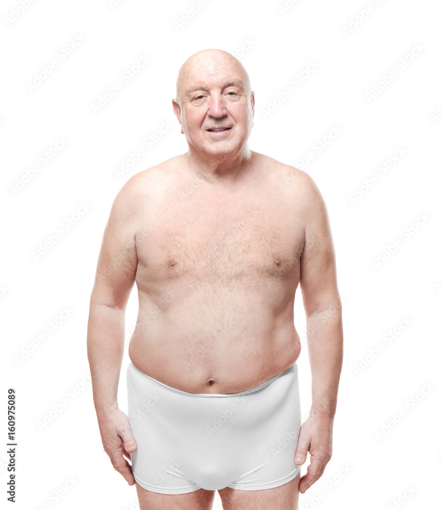 Fat senior man in underwear on white background. Weight loss concept Stock  Photo | Adobe Stock