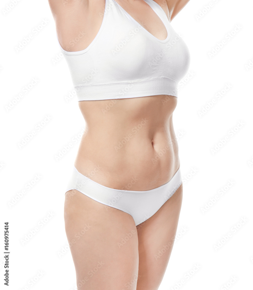 Mature woman in underwear on white background. Weight loss concept foto de  Stock | Adobe Stock