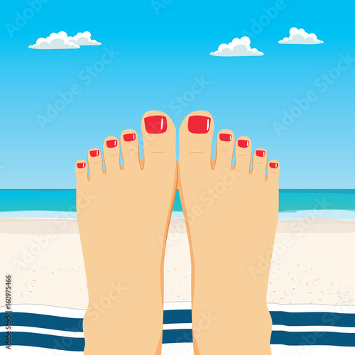 Close up illustration of female feet on beach