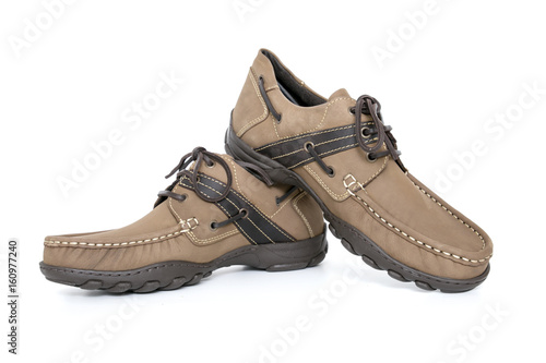 Male Brown Shoe on White Background, Isolated Product, Top View, Studio.