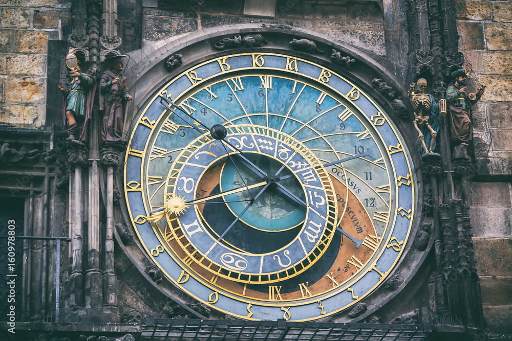 Obraz premium Detail of the astronomical clock in the Old Town Square in Prague, Czech Republic. Toned image