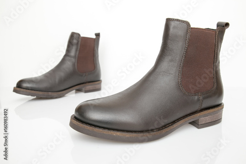 Female Brown Boot on White Background, Isolated Product, Top View, Studio.