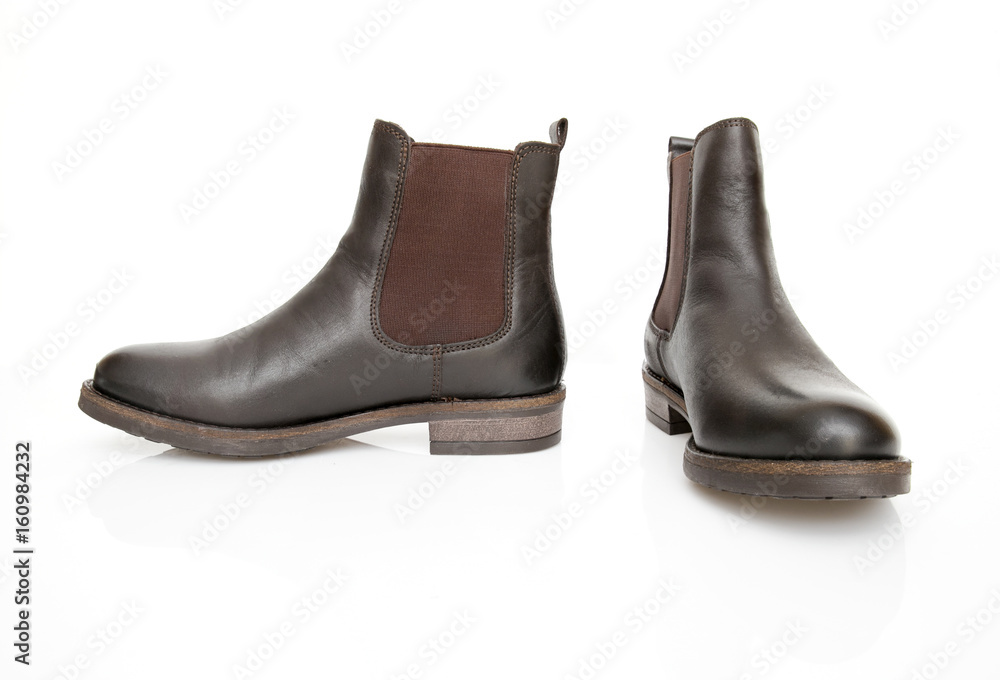 Female Brown Boot on White Background, Isolated Product, Top View, Studio.