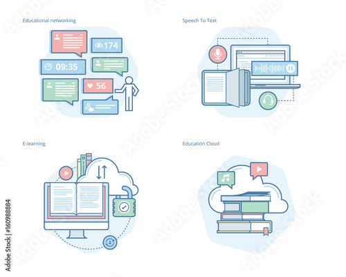 Set of concept line icons for education apps, networking, e-learning, education cloud. UI/UX kit for web design, applications, mobile interface, infographics and print design. 