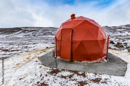 Photos Red geodesic shed for technical equipment near the Krafla geothermal power plant