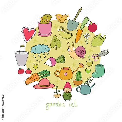 Set of garden objects. Plants, pots and tools for gardening. Vegetables and insects.