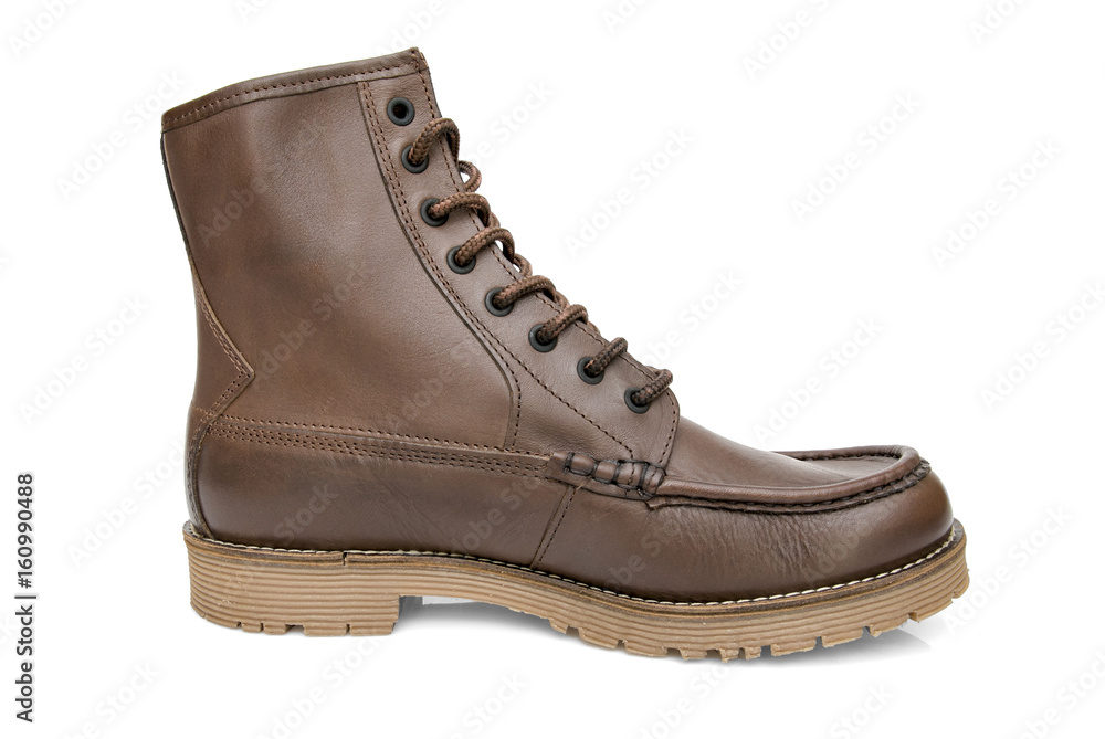 male Brown Boot on White Background, Isolated Product, Top View, Studio.