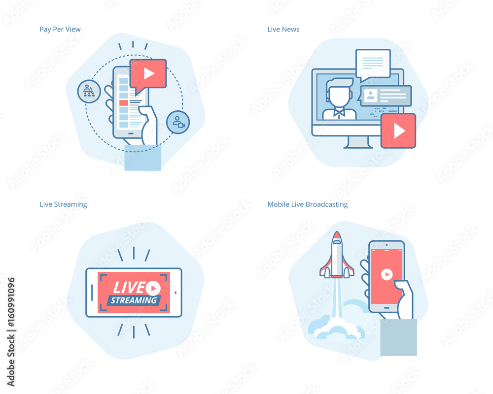 Set of concept line icons for live streaming, mobile broadcasting, pay per view, online video, news